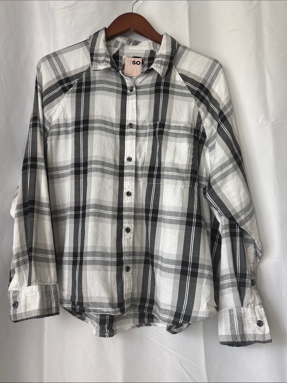 SO women’s Black and White Plaid Casual Button-Down Shirt